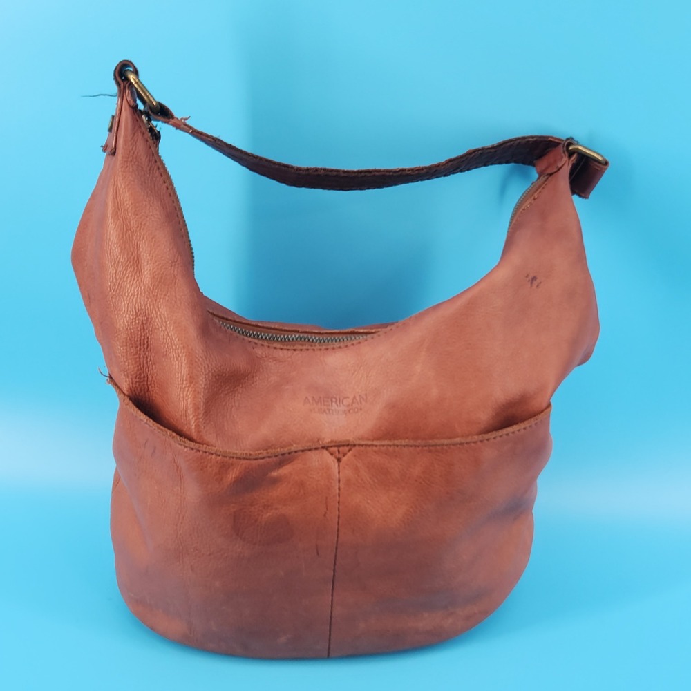 American Leather Co‎ Cognac Brown Genuine Leather Hobo Shoulder Bag Distressed
